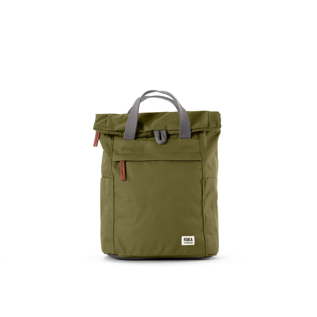 Roka Finchley A Moss recycled canvas backpack with front pocket, gray handles, and logo, eco-friendly travel and everyday bag.