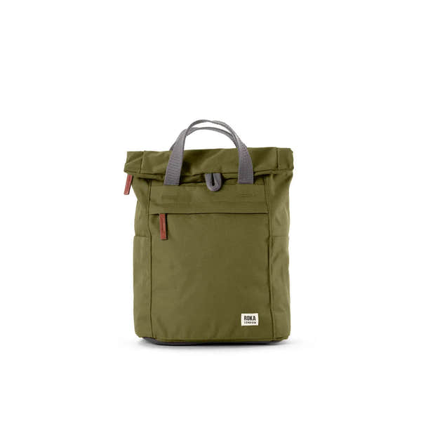 Roka Finchley A Moss recycled canvas backpack with front pocket, gray handles, and logo, eco-friendly travel and everyday bag.