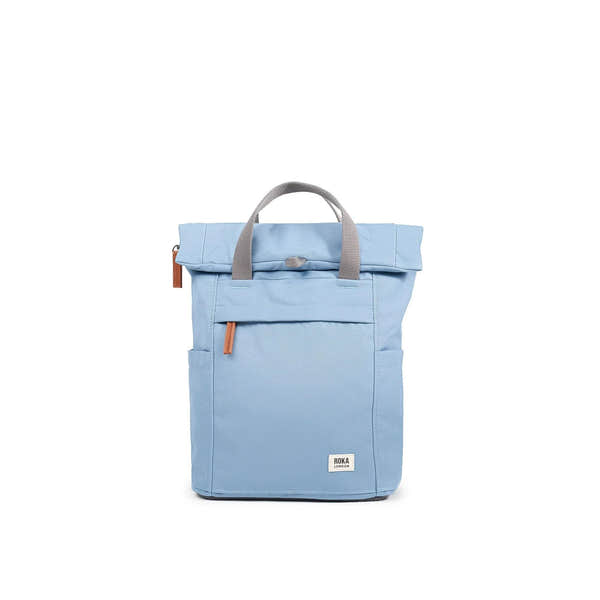 Roka Finchley A Retro Blue Recycled Canvas Backpack with grey handles and front pocket.