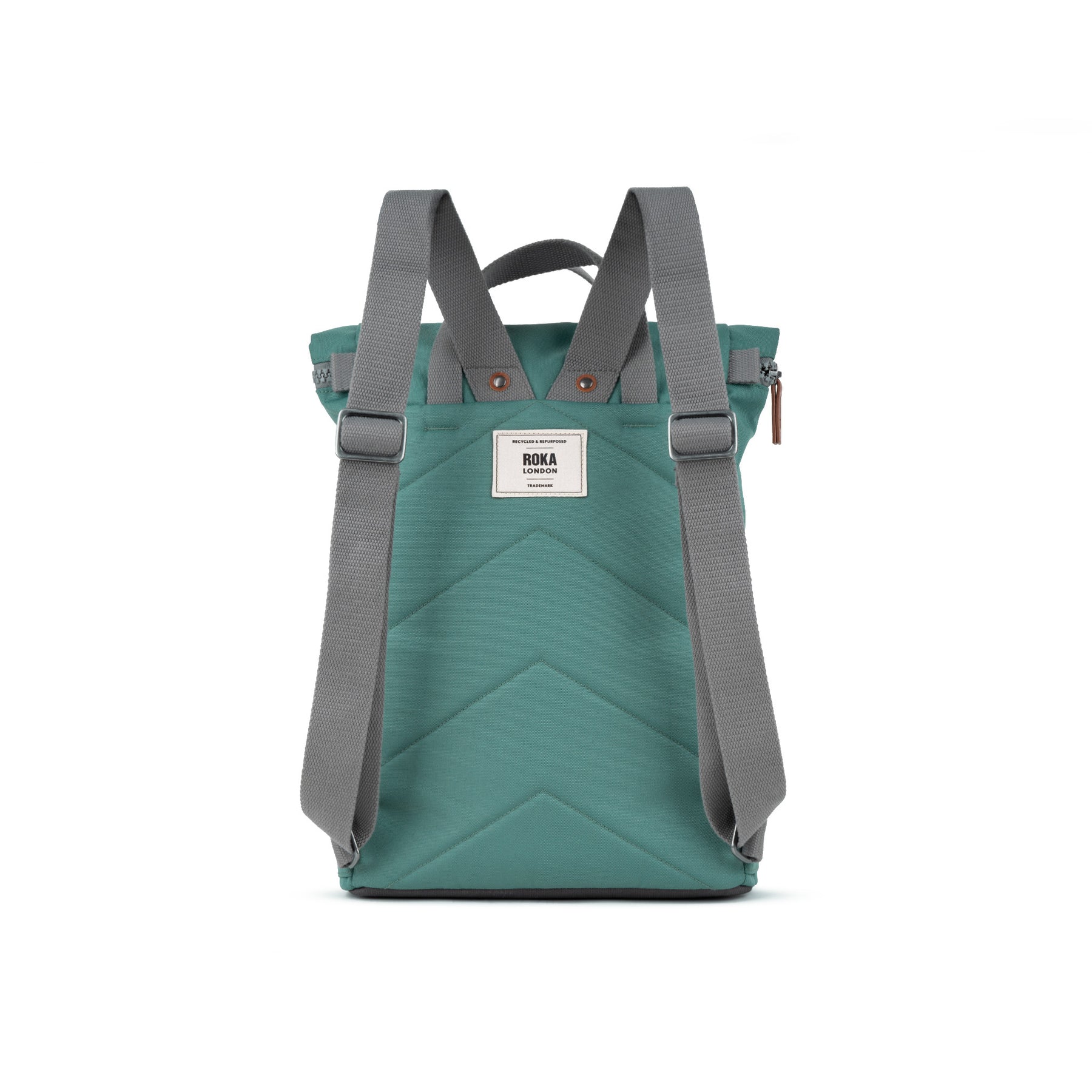 Roka Finchley A Sage Recycled Canvas backpack with gray adjustable straps and front patch logo.