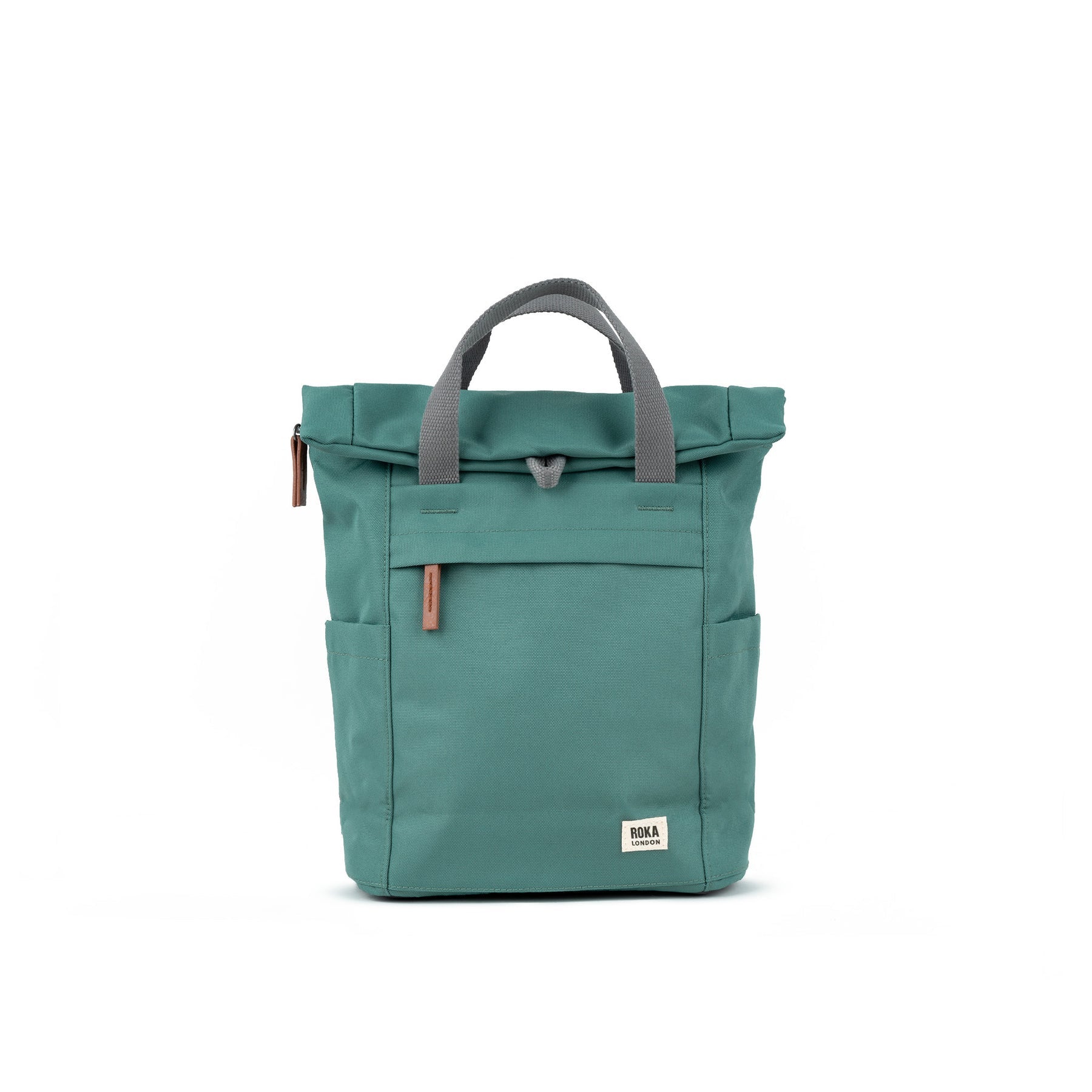 Roka Finchley A Sage Recycled Canvas Tote Bag with gray handles and leather accents, compact and eco-friendly.