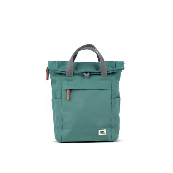 Roka Finchley A Sage Recycled Canvas Tote Bag with gray handles and leather accents, compact and eco-friendly.