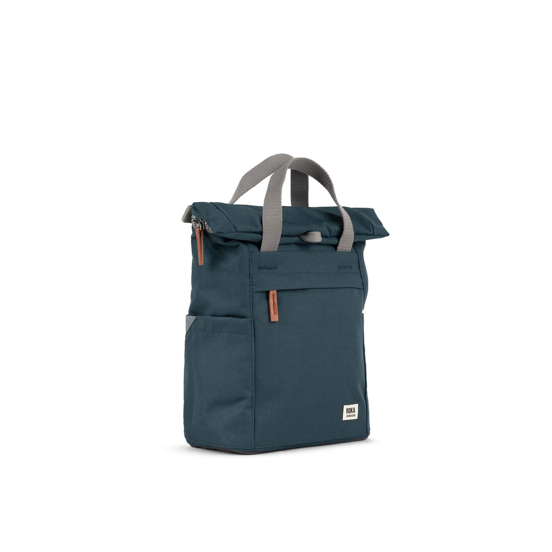 Roka Finchley A Smoke recycled canvas backpack with handles, front pocket, and leather zippers, in dark teal color.
