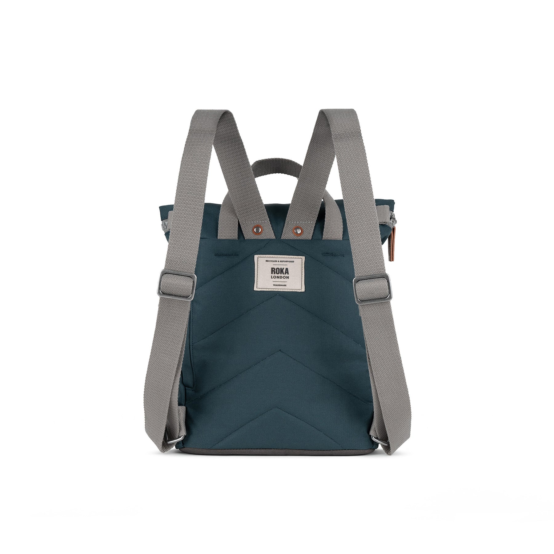 Roka Finchley A Smoke recycled canvas backpack with grey straps, front logo patch, and multiple compartments, eco-friendly design.