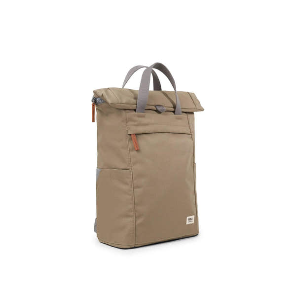 Roka Finchley Taupe Recycled Canvas Backpack with front pocket and gray handles isolated on white background.