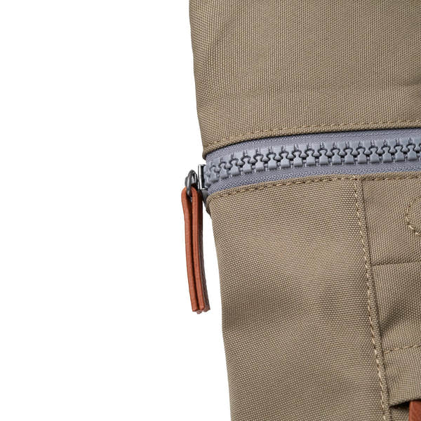 Roka Finchley tote bag in taupe recycled canvas with gray zipper and leather pull tab, eco-friendly and durable design.