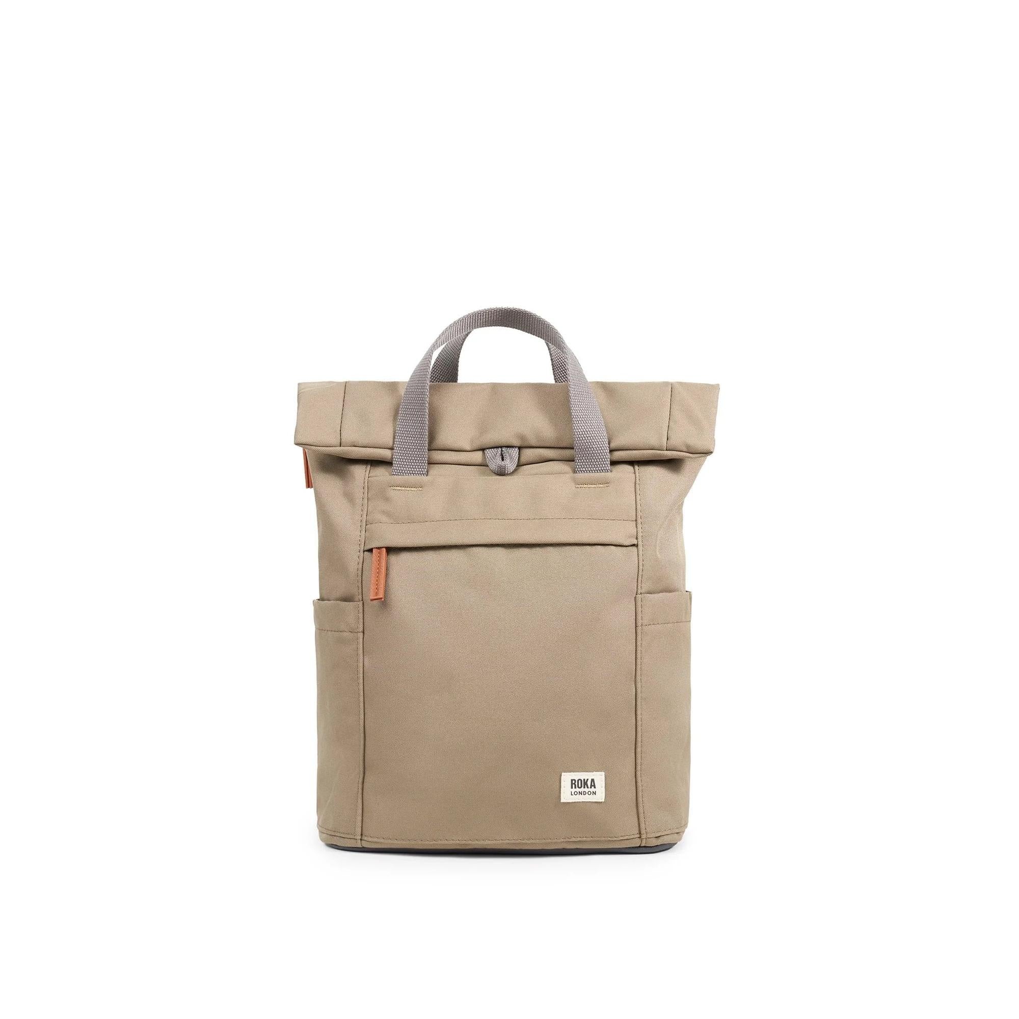 Roka Finchley tote bag in taupe recycled canvas with grey handles and orange accents, stylish eco-friendly design.