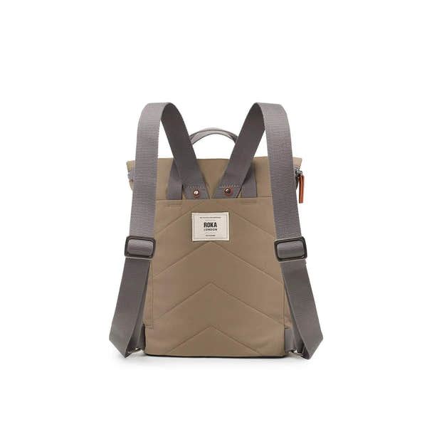 Roka Finchley A Taupe Recycled Canvas backpack with grey straps and front label, ideal for everyday use.