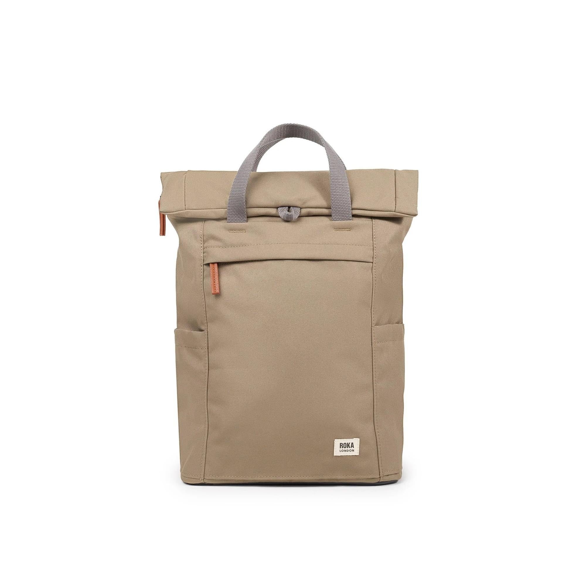 Roka Finchley A Taupe Recycled Canvas Backpack with front pocket and gray handle, eco-friendly design.