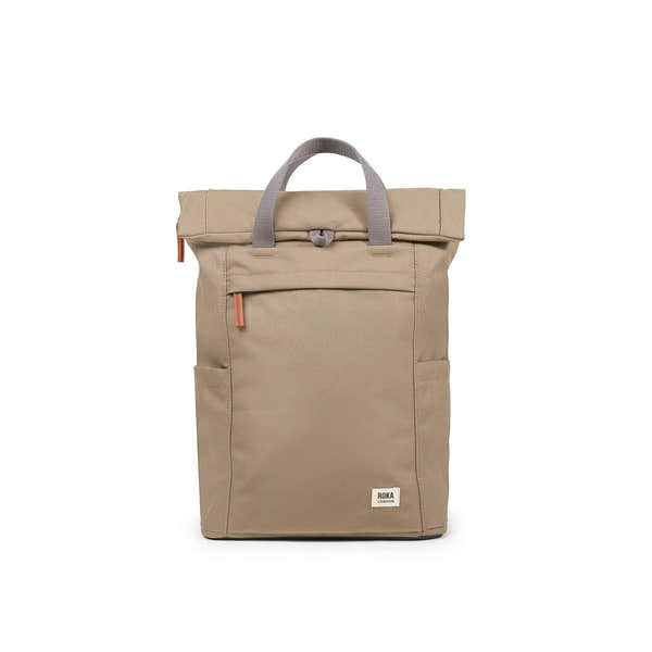 Roka Finchley A Taupe Recycled Canvas Backpack with front pocket and gray handle, eco-friendly design.