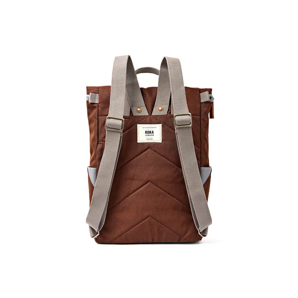 Roka Finchley Medium Chocolate Recycled Canvas Backpack, back view.