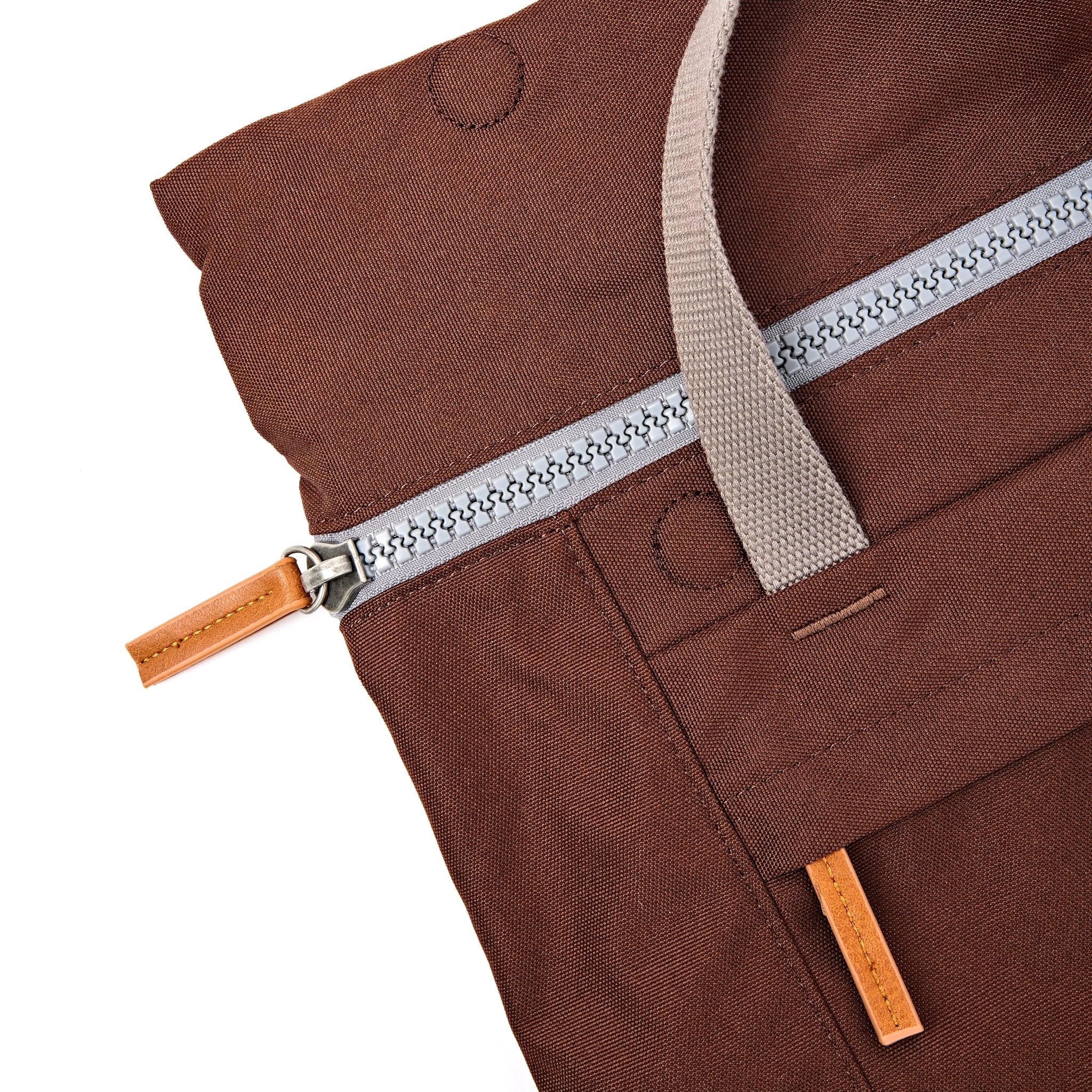 Roka Finchley Medium Chocolate Recycled Canvas Backpack, zip detail.