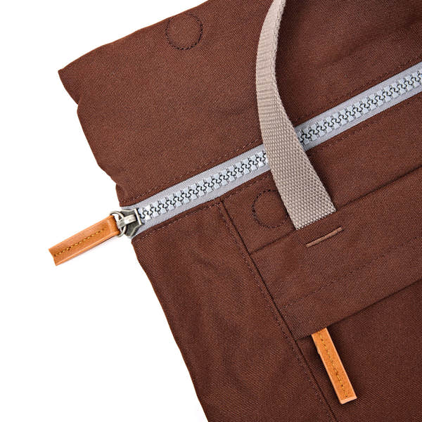 Roka Finchley Medium Chocolate Recycled Canvas Backpack, zip detail.