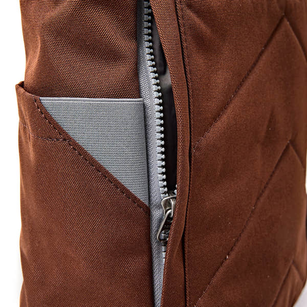 Roka Finchley Medium Chocolate Recycled Canvas Backpack, hardware detail.