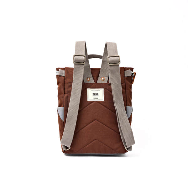 Roka Finchley Small Chocolate Recycled Canvas Backpack, back view.