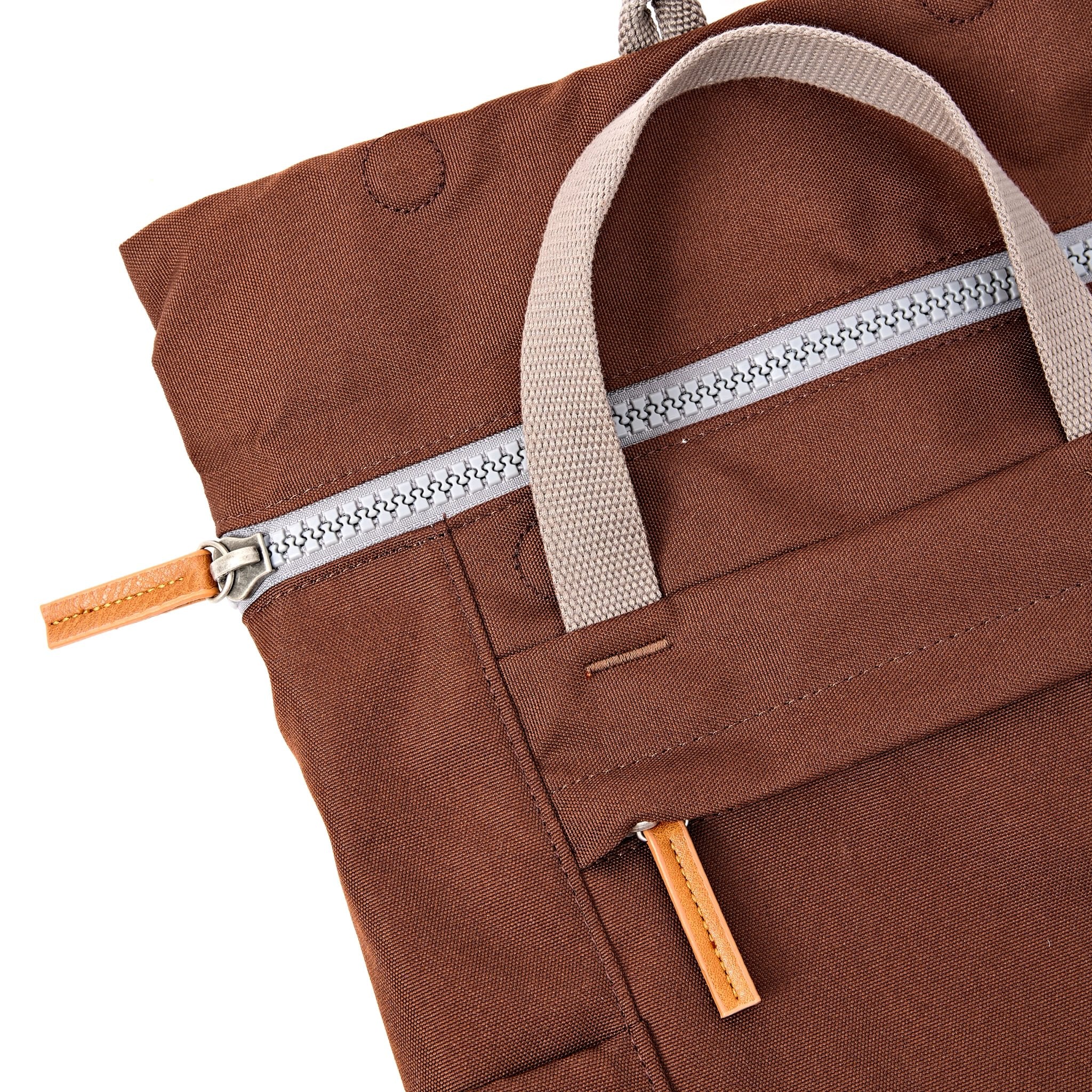 Roka Finchley Small Chocolate Recycled Canvas Backpack, zip detail.