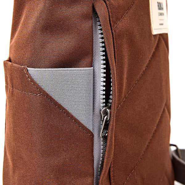 Roka Finchley Small Chocolate Recycled Canvas Backpack, hardware detail.