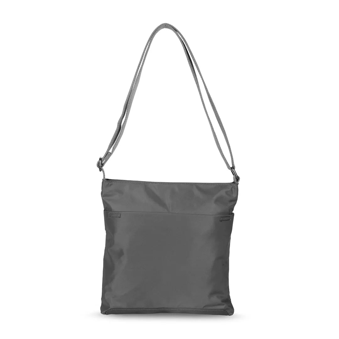 Roka Kennington B Crossbody Bag in recycled nylon, graphite color, slim design with adjustable strap, eco-friendly and stylish.