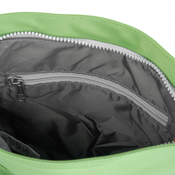 Roka Kennington B Kiwi recycled nylon interior of lime green tote bag with zipper pocket, eco-friendly and stylish design.