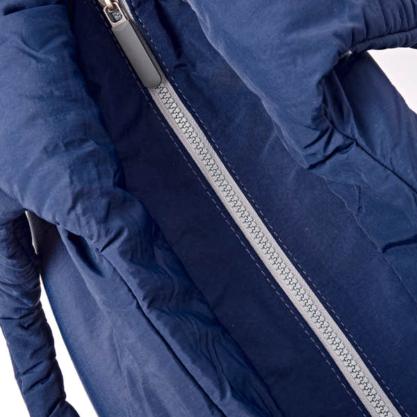 Roka Oxford Deep Cobalt Recycled Taslon Shoulder Bag, zip detail.