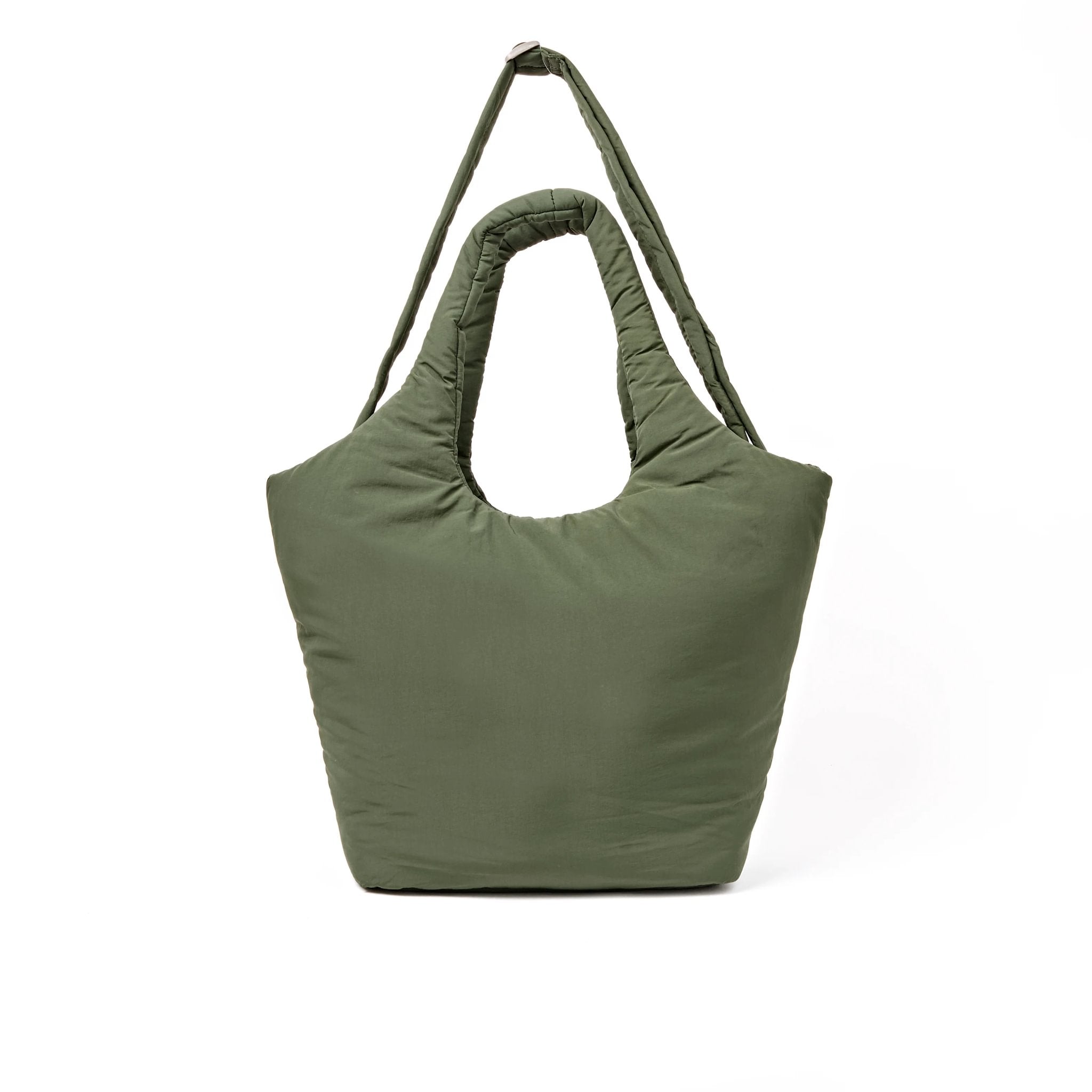 Roka Oxford Olive Recycled Taslon Shoulder Bag, back view.