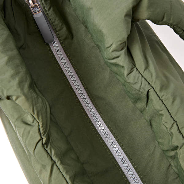 Roka Oxford Olive Recycled Taslon Shoulder Bag, zip detail.