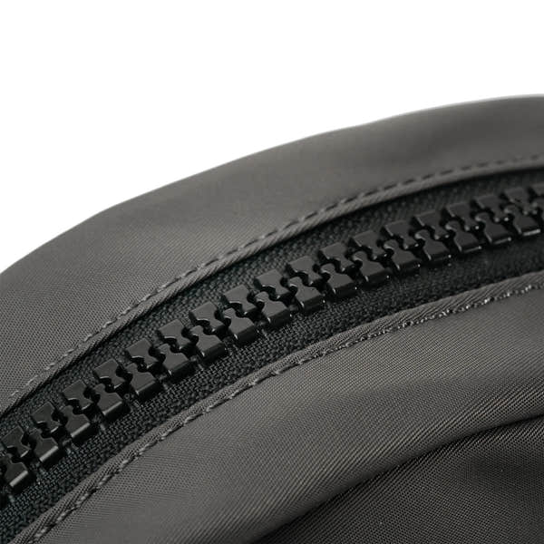 Roka Paddington Graphite Recycled Nylon Crossbody Bag, zip detail.