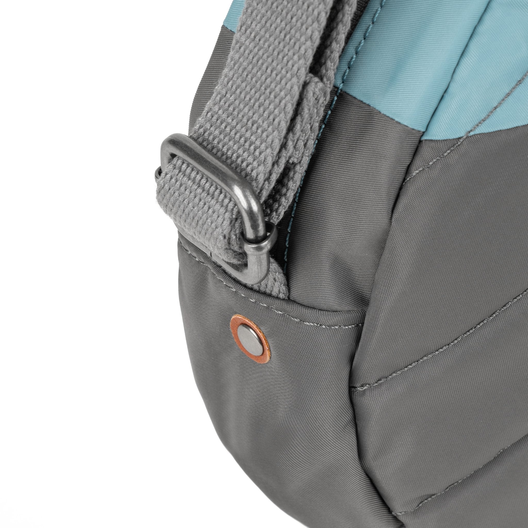 Roka Paddington Graphite Recycled Nylon Crossbody Bag, hardware detail.