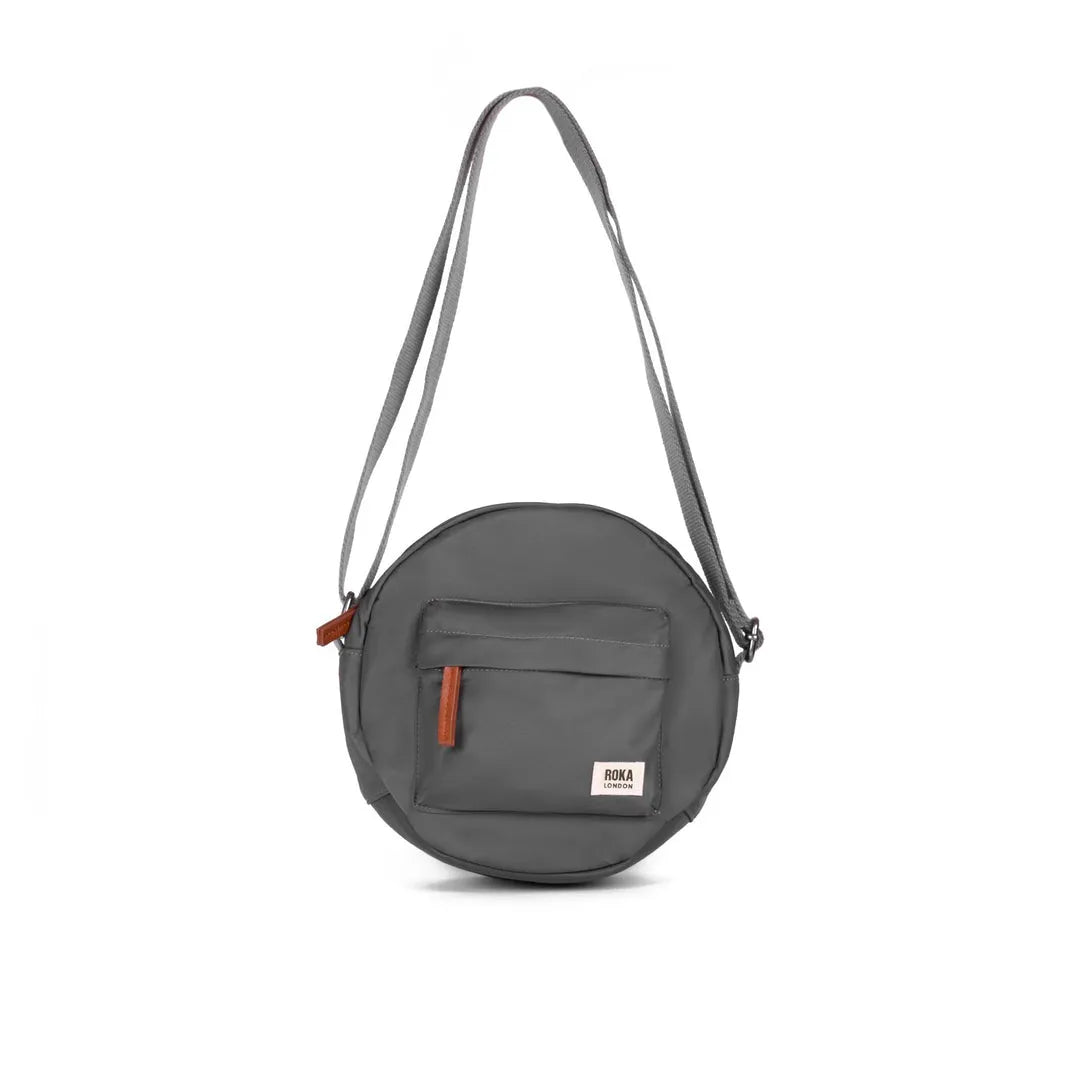 Roka Paddington Graphite Recycled Nylon Crossbody Bag, front view.