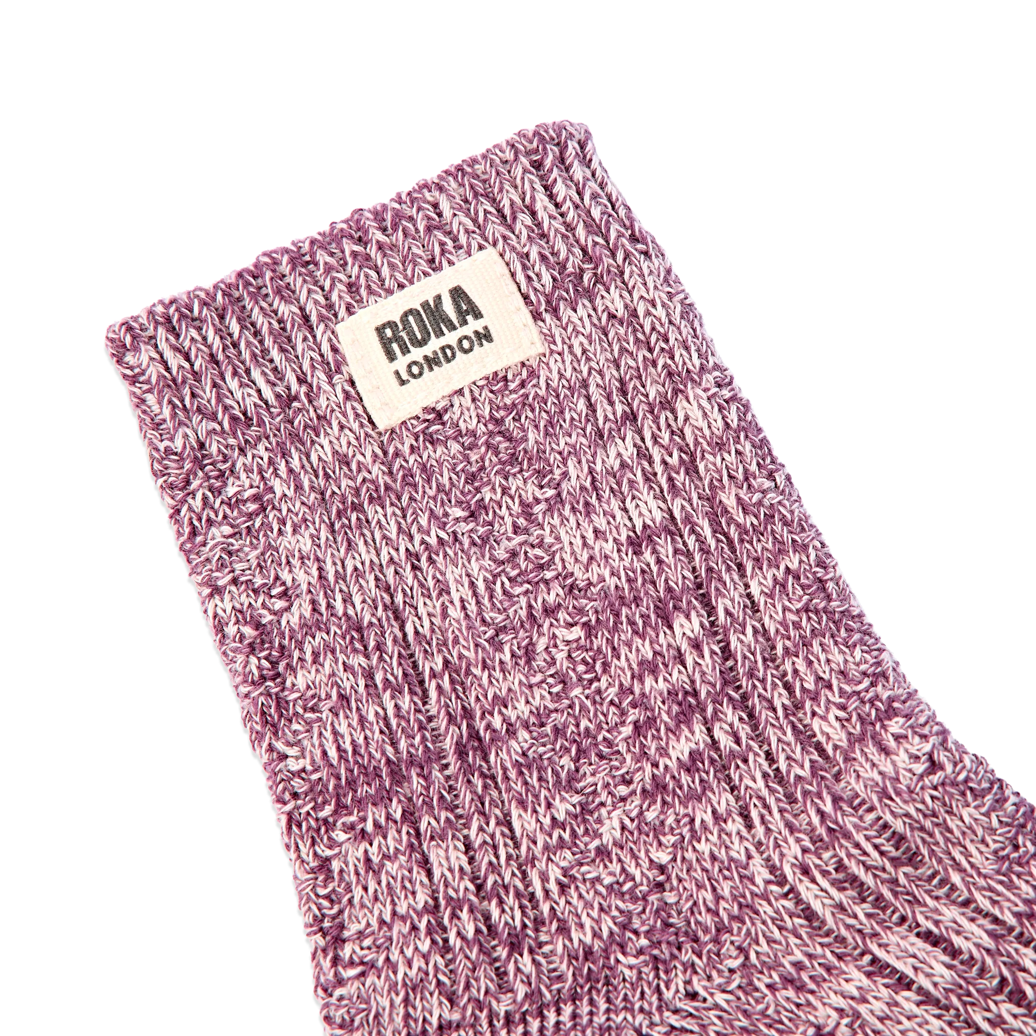 Roka Wallace Crew Socks for Women in Berry — ribbed cuff and logo close-up.