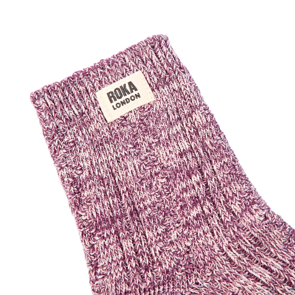 Roka Wallace Crew Socks for Women in Berry — ribbed cuff and logo close-up.