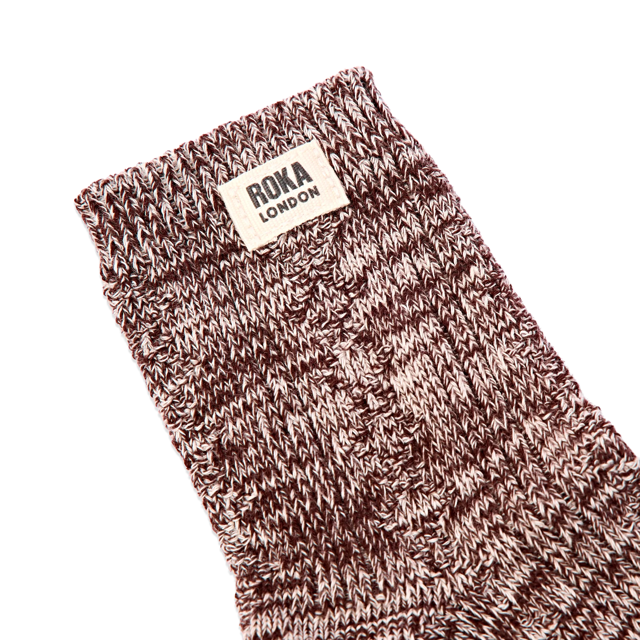 Roka Wallace Crew Socks for Women in Coco — ribbed cuff and logo close-up.