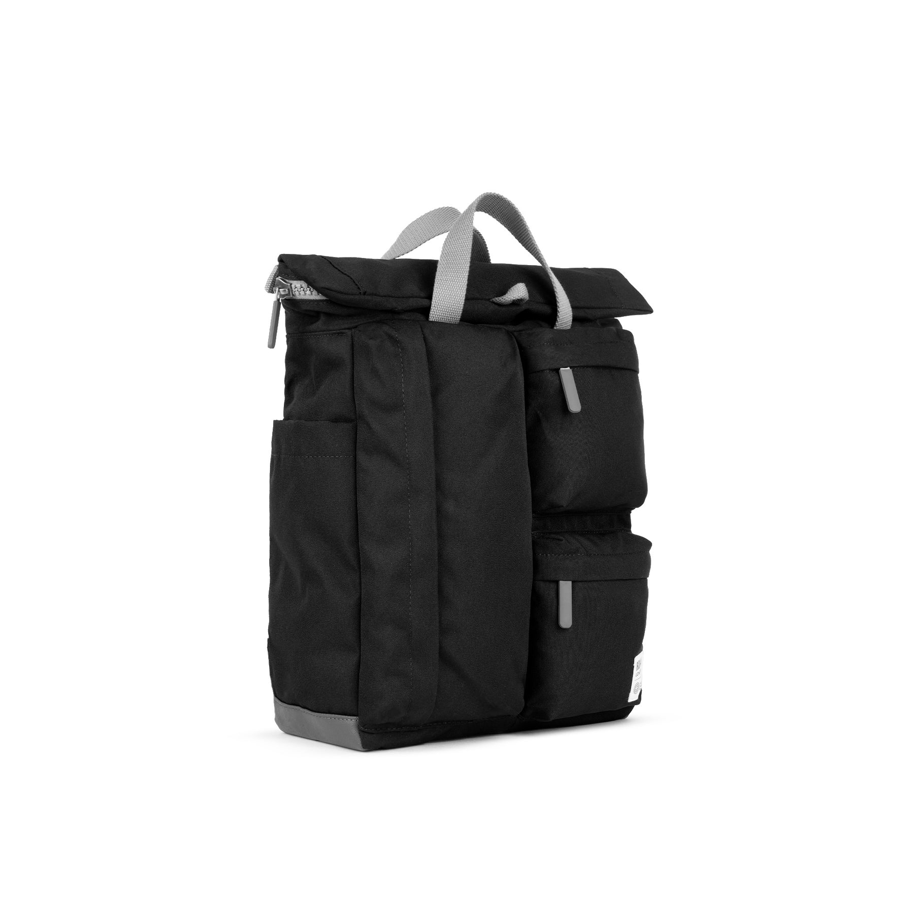 Roka Waterhouse Recycled Canvas Ash backpack with multiple pockets and gray straps, black color, compact and eco-friendly design.