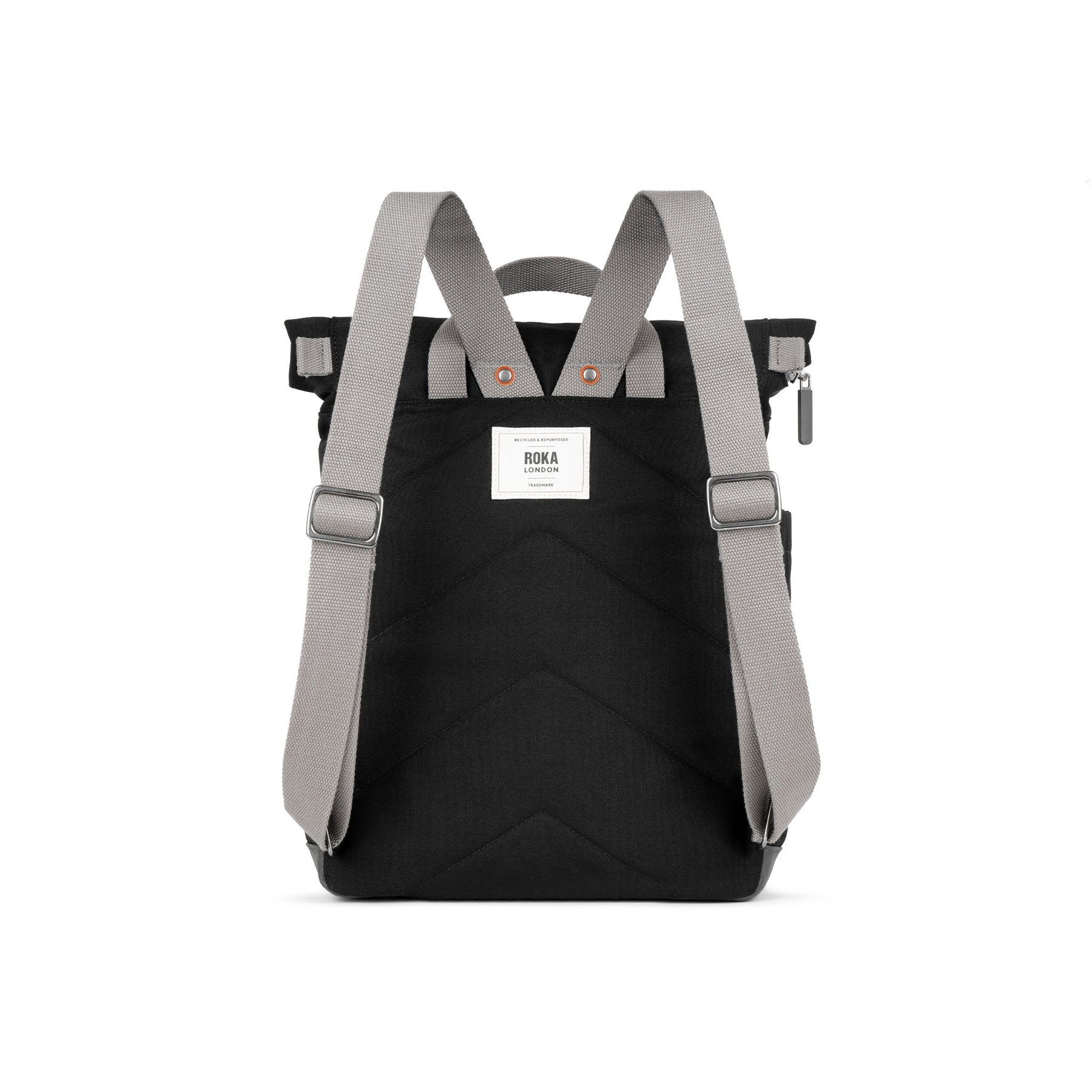 Roka Waterhouse Recycled Canvas Ash backpack with black body and gray straps, durable and eco-friendly design.