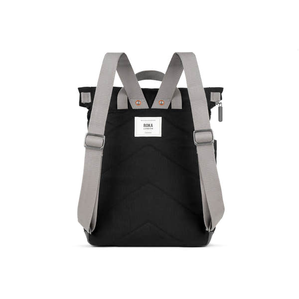 Roka Waterhouse Recycled Canvas Ash backpack with black body and gray straps, durable and eco-friendly design.