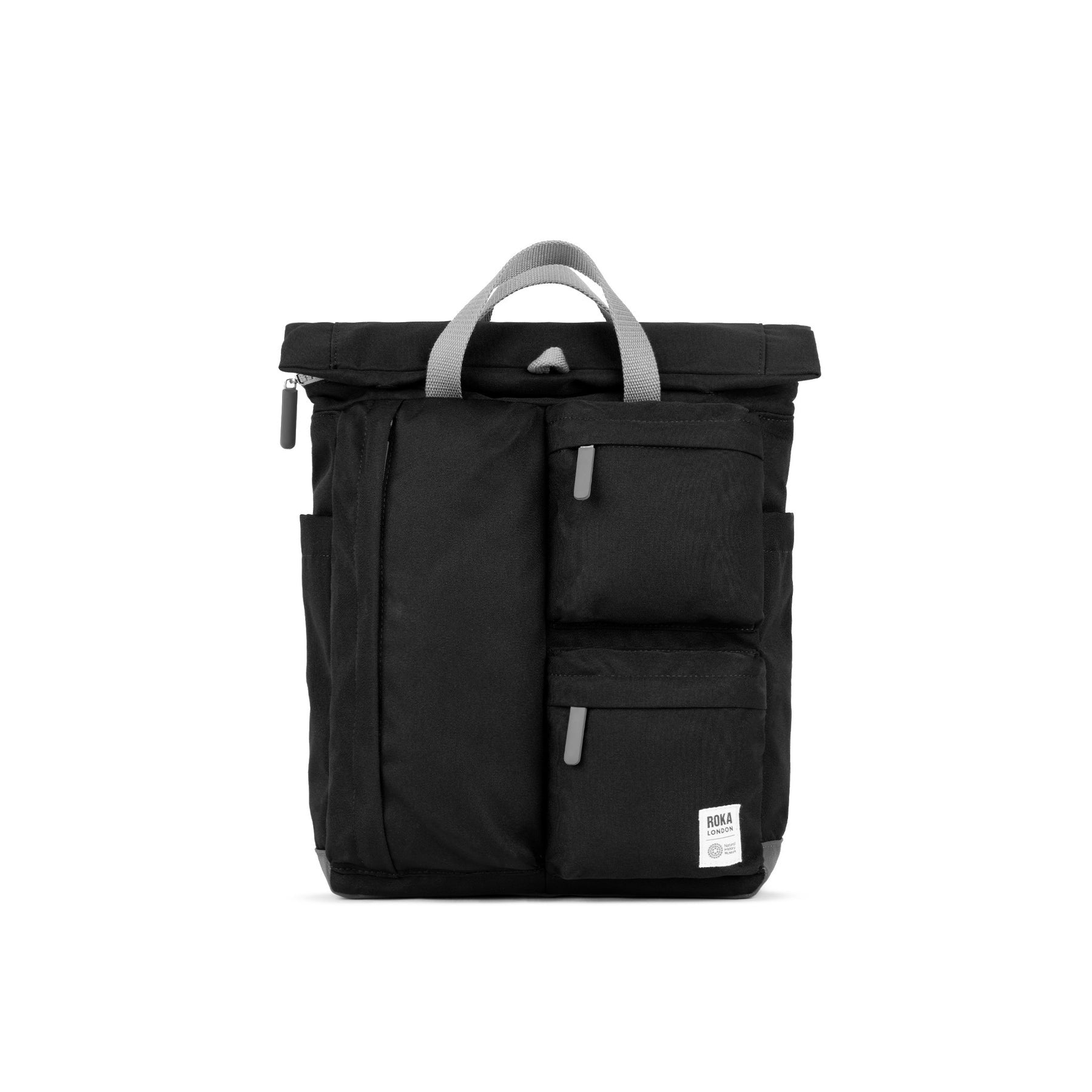 Roka Waterhouse Recycled Canvas Ash backpack with multiple zippered pockets and gray handles, stylish and eco-friendly.