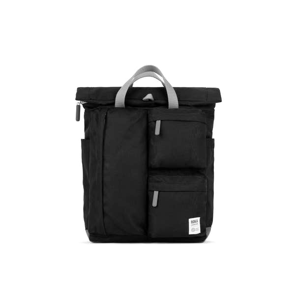 Roka Waterhouse Recycled Canvas Ash backpack with multiple zippered pockets and gray handles, stylish and eco-friendly.
