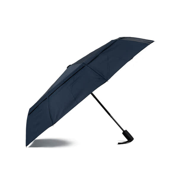 Roka Waterloo Midnight Recycled Nylon umbrella, navy blue compact design with black handle, waterproof, eco-friendly rain protection.