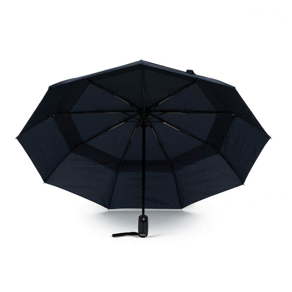 Roka Waterloo Midnight Recycled Nylon umbrella, foldable black design with sturdy handle, eco-friendly and wind-resistant.