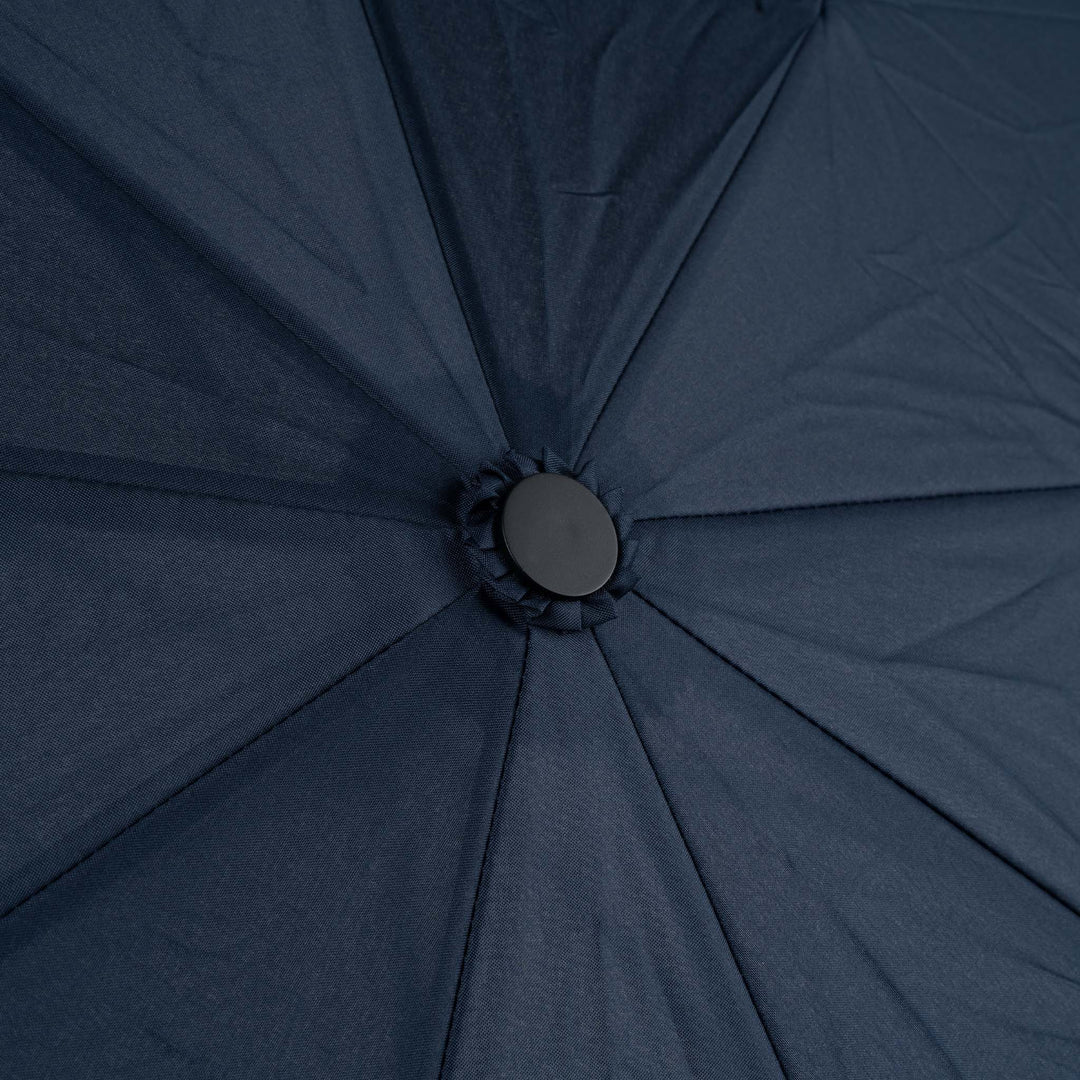 Roka Waterloo Midnight Recycled Nylon umbrella canopy, dark navy color, close-up top view with snap button center.