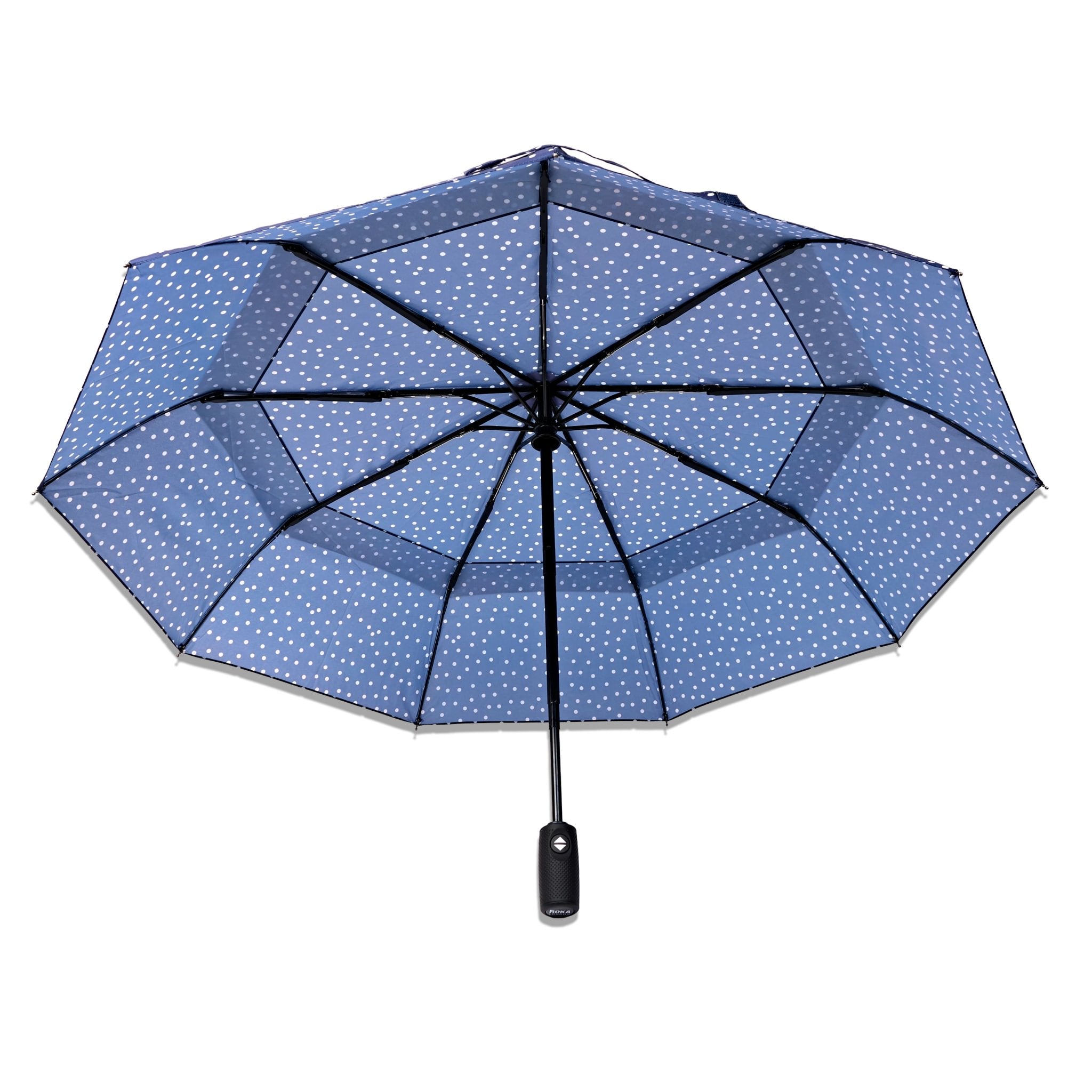 Roka Waterloo Navy Polka Dot Pongee Umbrella, back view.