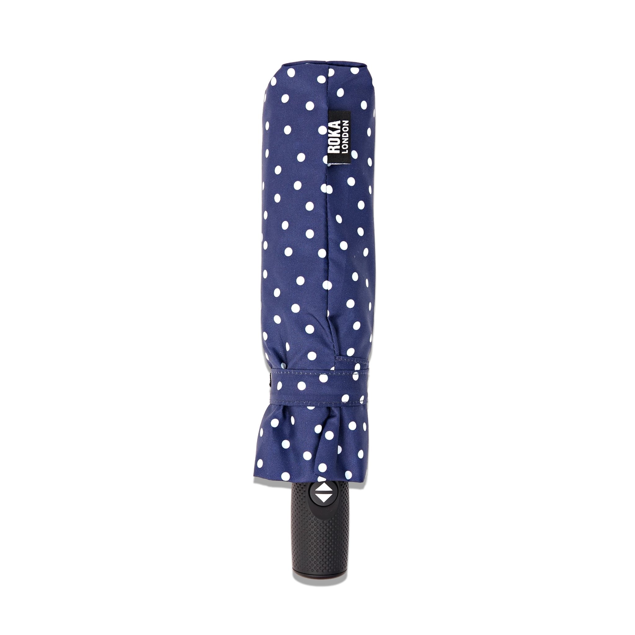 Roka Waterloo Navy Polka Dot Pongee Umbrella, protective cover view.