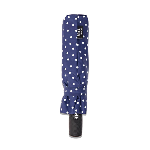 Roka Waterloo Navy Polka Dot Pongee Umbrella, protective cover view.