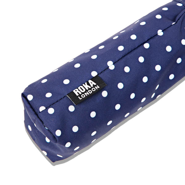 Roka Waterloo Navy Polka Dot Pongee Umbrella, brand label detail.