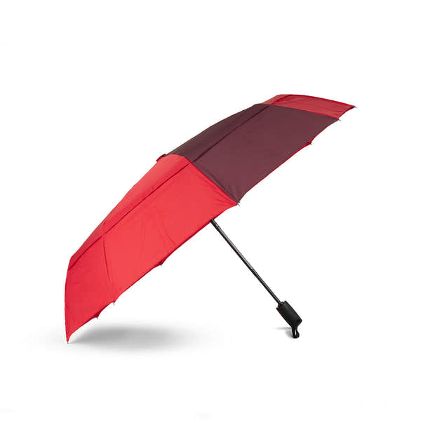 Roka Waterloo recycled polyester umbrella in cranberry and plum colors, compact design with black handle.