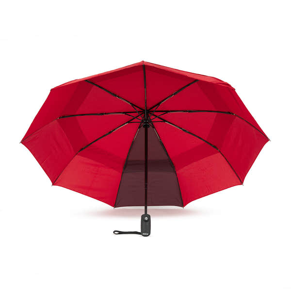 Roka Waterloo recycled polyester umbrella in cranberry and plum colors, compact design with black frame and handle.