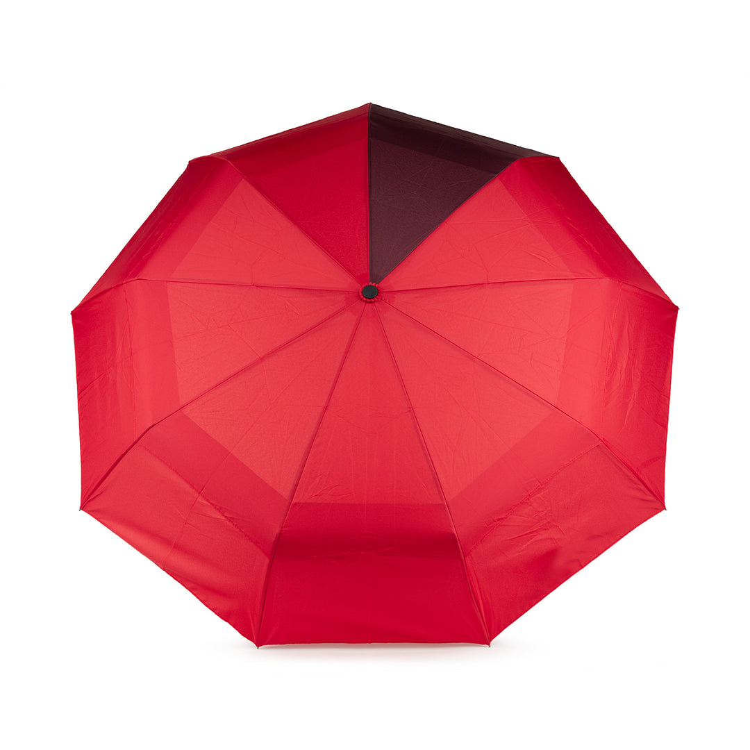Roka Waterloo recycled polyester umbrella in cranberry and plum colors with black accent, foldable design for rain protection.