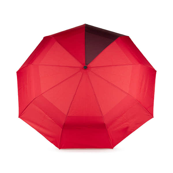 Roka Waterloo recycled polyester umbrella in cranberry and plum colors with black accent, foldable design for rain protection.