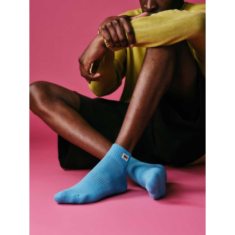Roka Wembley Cotton Socks Aquatic Awe, bright blue cotton ankle socks with logo, fashion-forward casual footwear.