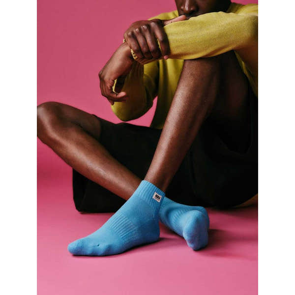 Roka Wembley Cotton Socks Aquatic Awe, bright blue cotton ankle socks with logo, fashion-forward casual footwear.
